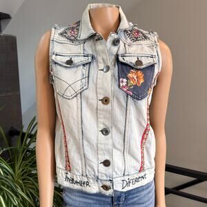 Desigual Exotic Jeans Chal Aloha Embroidered Denim Vest Boho Women’s Size 40